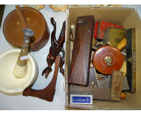 A leather collar box, a pestle and mortar and a small collection of hand tools, etc. 