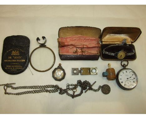 A silver case key-wind pocket watch, (not working), a Galileo Walking Stick Telescope, in leather pouch, a coquilla nut tape 