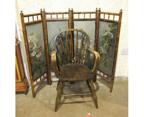 A rustic elm and beech stick-back armchair, together with a bamboo-framed four-fold screen decorated with painted panels of f
