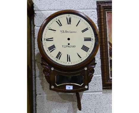 A 19th century mahogany drop-dial clock with twin-trained gong-striking movement, case restored, bezel unglazed, 43cm diamete