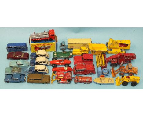 Three Dublo Dinky Austin taxis (unboxed), a boxed Matchbox 10 Pipe Truck and twenty Lesney Matchbox vehicles, unboxed and pla