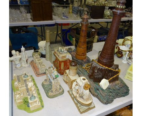 A hardwood lighthouse lamp, a collection of Liliput Lane British Heritage Series buildings, other ceramics and miscellaneous 