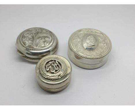A Silver box depicting a Portrait Of Queen Elizabeth II and two other continental silver boxes. (3)