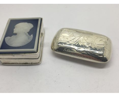 A Continental Silver box with an applied Wedgwood type Jasper ware plaque and a silver snuff box (2) 4x3cm