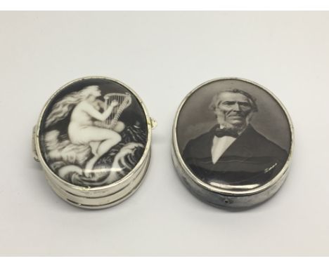 An oval silver box decorated with an applied Classical enamel and one other portrait locket depicting a senior Victorian Gent
