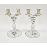 Pair of Herend porcelain Rothschild Birds pattern twin-light candelabra, printed blue marks, each of