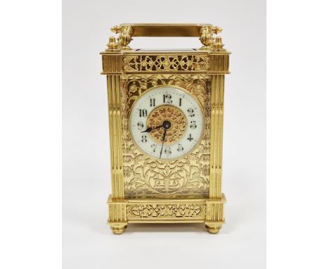 Brass five-glass carriage clock&nbsp;in elaborately decorated brass case with pierced filigree panels, fluted corner columns 