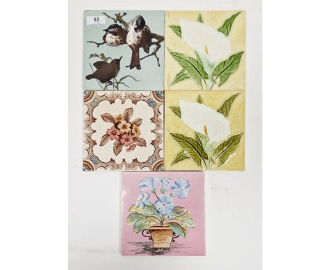 Late Victorian tile decorated with birds on branches, two similar tube-lined lily decorated tiles&nbsp;and two others&nbsp;(5