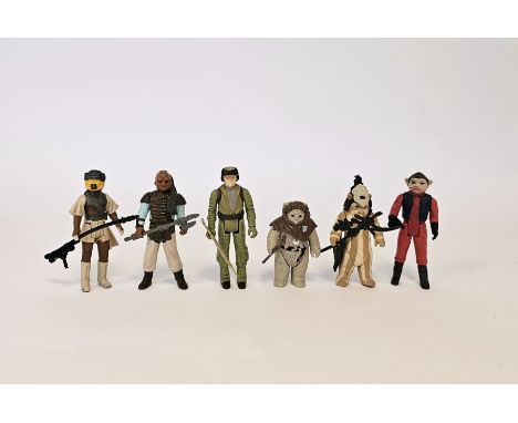 Six Vintage 1983 L.F.L Star Wars Action Figures to include Chief Chirpa with staff, Logray (Ewok Medicine Man) with accessori
