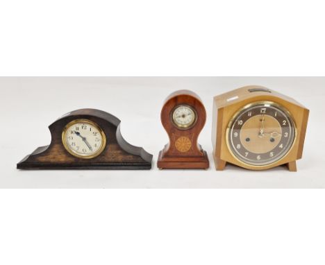 Edwardian mahogany inlaid mantel clock of waisted form, the silvered face with Arabic numerals, 18cm high together with an ea