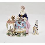Early Prattware figure of lady holding a sheep, possibly a candle snuffer, 10cm high and continental