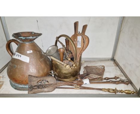 Antique copper 4 gallon measuring jug 42cm high together with an antique three-piece steel companion set, brass coal scuttle 