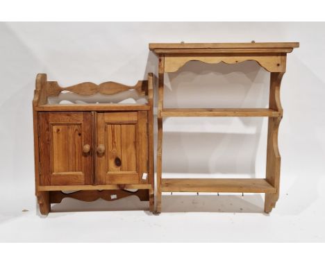 Pine hanging wall cupboard&nbsp;with two panel doors, 63cm high x 50cm wide x 16cm deep and a pine hanging two-tier shelf&nbs