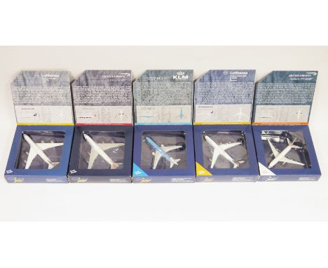 Five Gemini Jets 1:400 scale die-cast aircraft models Lufthansa Boeing 747-400 item no. GJDLH1212, McDonnell Douglas MD-11 it