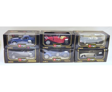 Six boxed Burago Diamonds 1/18 scale diecast model cars to include Mercedes Benz 300 SL (1954), Jaguar SS100 (1937), Bugatti 