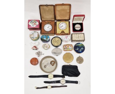 Mixed lot of collectable items including two early 20th century eight-day travelling alarm clocks, seven pill boxes being ena