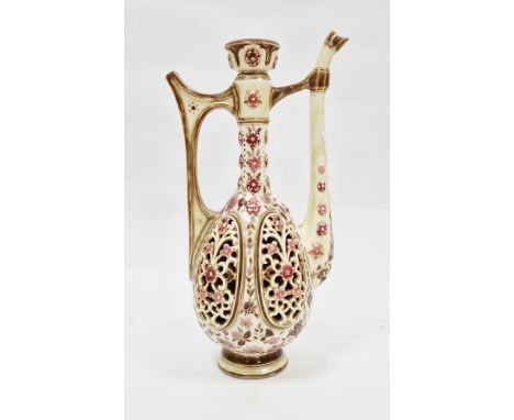 Early 20th century Zsolnay Pecs reticulated ewer&nbsp;having tall neck and floral pierced panels, printed blue marks, 28cm hi