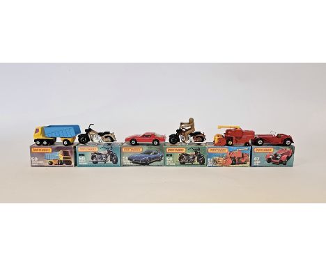 Six boxed Matchbox Superfast 75 series diecast model cars&nbsp;to include No. 47 Jaguar SS100, 2 X No.50 Harley Davidson (one