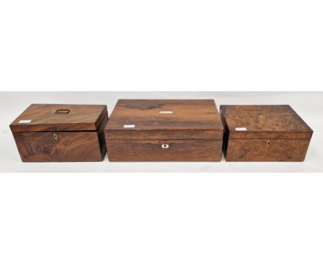 Three 19th century boxes including a mahogany tea caddy with twin lidded tea compartments and central glass mixing bowl, 27.5