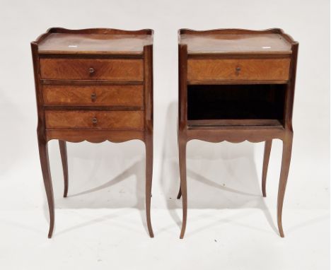 Two matched bedside walnut cabinets in the French Louis XV manner, the quarter veneered tops with shaped three-quarter galler