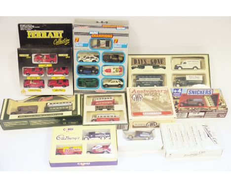 Collection of boxed and carded diecast and plastic vehicles including Majorette Cadbury's collection, Lledo Days Gone includi