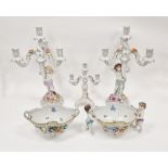 Continental porcelain five-piece mantel garniture, printed blue crowned shield marks, comprising: