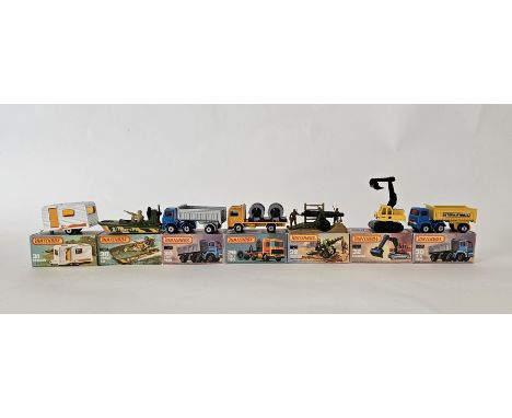 Seven boxed Matchbox Superfast 75 series diecast model cars&nbsp;to include No. 26 Cable truck, No. 30 Artic Truck (blue and 