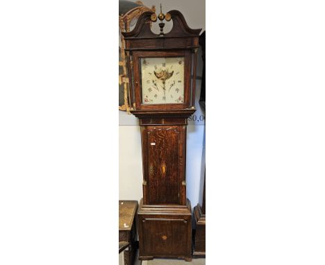 Mid 18th century oak 30-hour longcase clock of large proportions, the 14" square painted dial decorated with exotic birds and