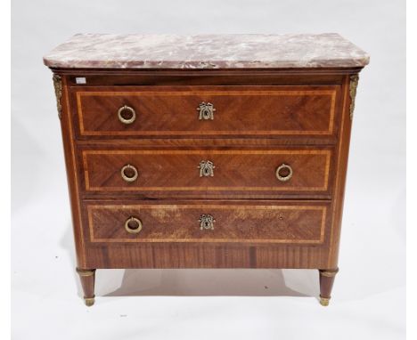 Late 19th/early 20th century mahogany and satinwood inlaid chest of three long drawers, the marble top with rounded corners, 