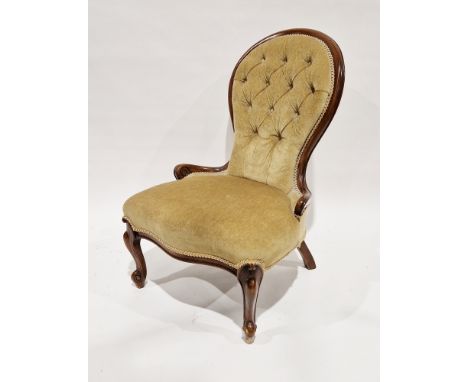 Victorian mahogany framed button back salon chair&nbsp;with yellow upholstery and raised on scrolling front legs, 90cm high x