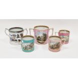 Collection of 19th century Pratt-type mugs in sizes, including: four with coloured grounds, with