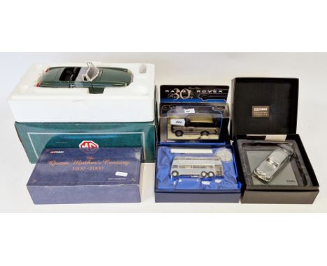 Five Corgi boxed diecast vehicles including limited edition diecast model of an MG car 1:18 scale, precision cast classic Jag