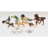Herend Rothschild Birds pattern rectangular box and cover and a pin dish, printed blue marks,