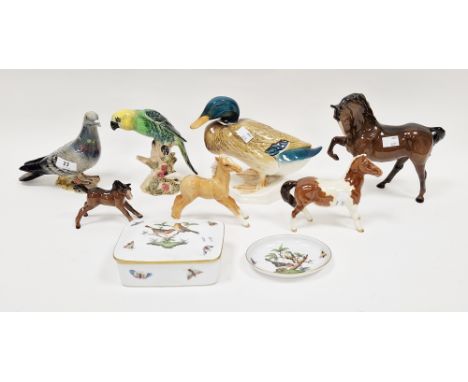 Herend Rothschild Birds pattern rectangular box and cover and a pin dish, printed blue marks, together with a Beswick pottery