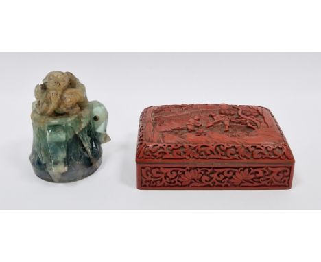 Chinese cinnabar lacquer box and cover, rectangular, the domed cover carved with figures working in lakeside landscape and al