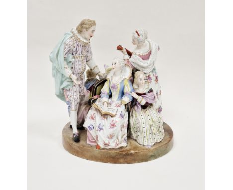 19th century Continental porcelain conversation group, spurious blue crossed swords marks, a family conversation group, all d