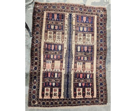 Hand knotted Pakistan rug 100% wool, prayer mat with six centre designs on cream backgrounds, blue, red brown, interesting ru