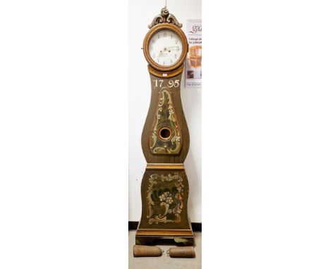 Swedish Mora longcase clock, eight-day movement with ting-tang chime in circular hood, circular white enamel dial signed AAS 