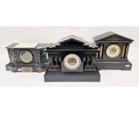 Two Victorian slate and marble mantel clocks of architectural form, both with gilt faces with white enamel chapter rings havi