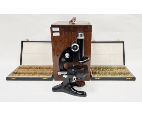 R &amp; J Beck of London microscope, model no. 29 housed in it's original oak carrying case, with spare lenses and slides tog