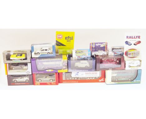 Collection of boxed and carded diecast vehicles including including two Precise Model buses, Hallmark Formula 1 Williams Rena