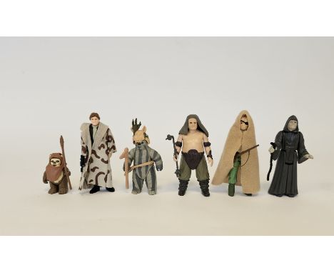 Six Vintage 1984 L.F.L Star Wars Action Figures to include Wicket with spear,&nbsp;Han Solo (In Trench Coat) with blaster,&nb