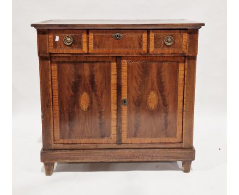 Early 20th century mahogany cross-banded and inlaid side cabinet, the single long drawer with brass drop ring handles over tw