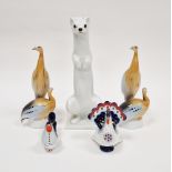 Norwegian (Porsgrund) porcelain model of a mink, a pair of Russian (Lomonsov) peacock salt and