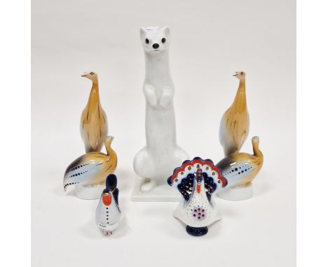 Norwegian (Porsgrund) porcelain model of a mink, a pair of Russian (Lomonsov) peacock salt and pepper shakers and a pair of H