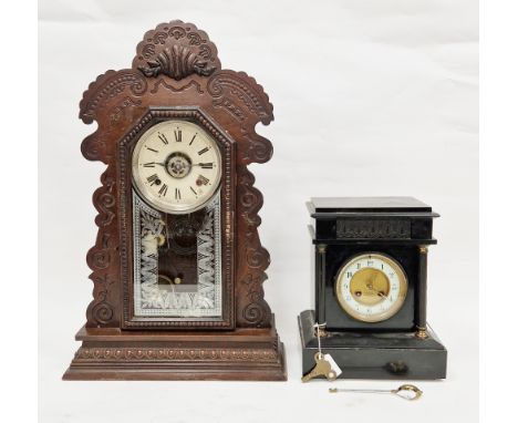 Late 19th century American Ansonia gingerbread mantel alarm clock, eight-day movement, the dial with roman numerals, 58cm hig