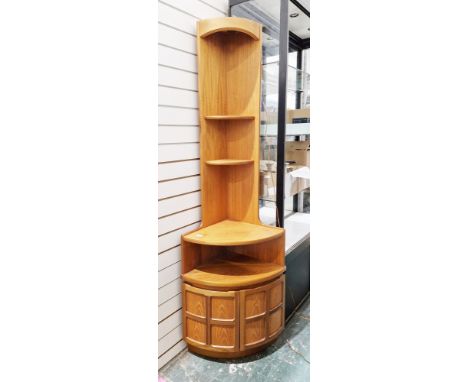 Mid-century retro Nathan teak tall corner cabinet&nbsp;with two shelves over a larger shelf and two cupboard doors, 196cm hig