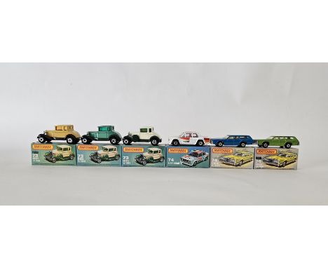 Six boxed Matchbox Superfast 75 series diecast model cars&nbsp;to include 3 X No.73 Model 'A' Ford (one in yellow and green w