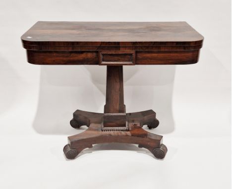 William IV rosewood foldover card table, the rectangular top with rounded corners opening to a green baize playing surface, r