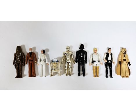 Nine Vintage 1977 &copy;&nbsp;GMFGI Star Wars Action Figures to include Tuscan Raider with cape, Darth Vader, Han Solo, Luke 